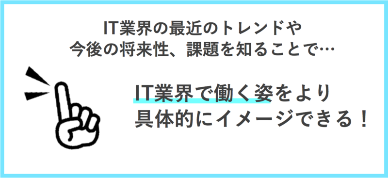 IT業界の最近のトレンドや今後の将来性、課題</strong><strong>を知ることで、IT業界で働く姿をより具体的にイメージすることができる！